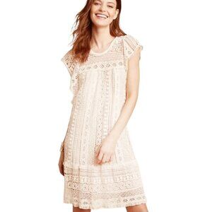 MAEVE ANTHROPOLOGIE CREAM CROCHET BOHO MINI DRESS ROMANTIC ETHEREAL MEDIUM